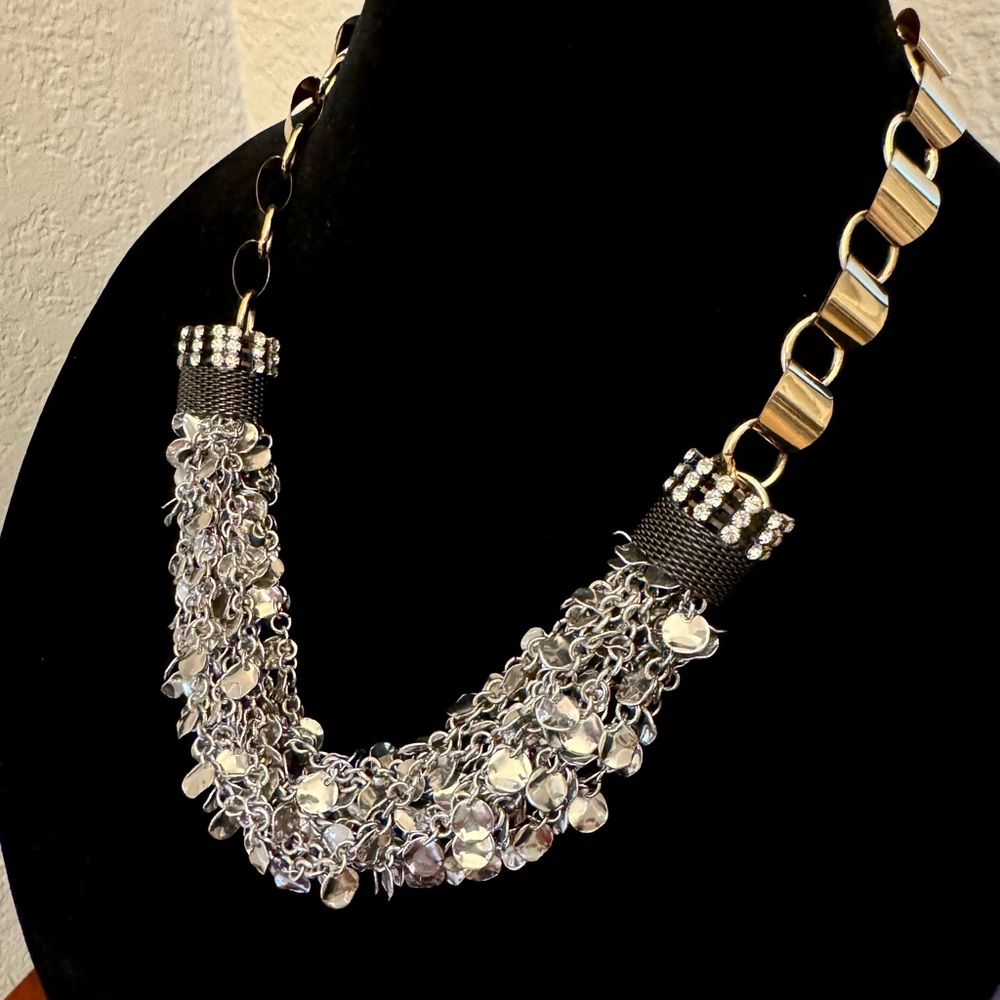 New! Chunky Statement 22” Necklace Silver, Gold & Rhinestone, Great bling!